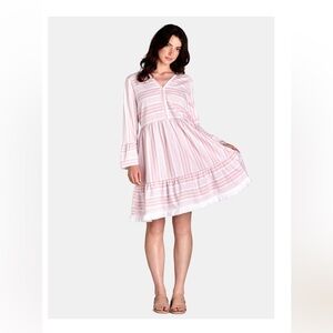 Time and Tru Women’s Pink Striped V-Neck Tiered Fringe Hem Dress Spring Summer